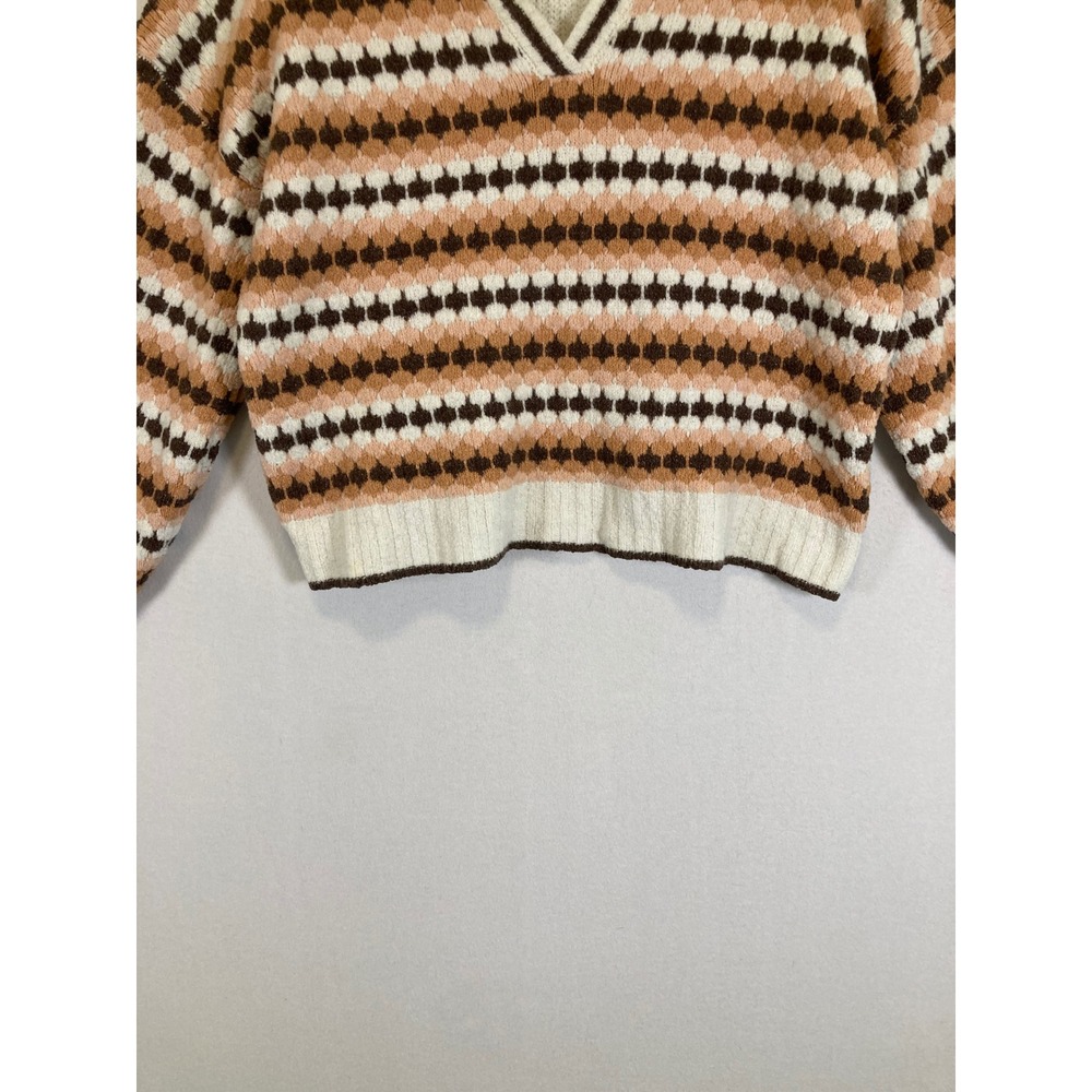 Retro Boho Freshman 1996 Womens Large Brown Striped Collared V-Neck Knit Sweater - Picture 8 of 10